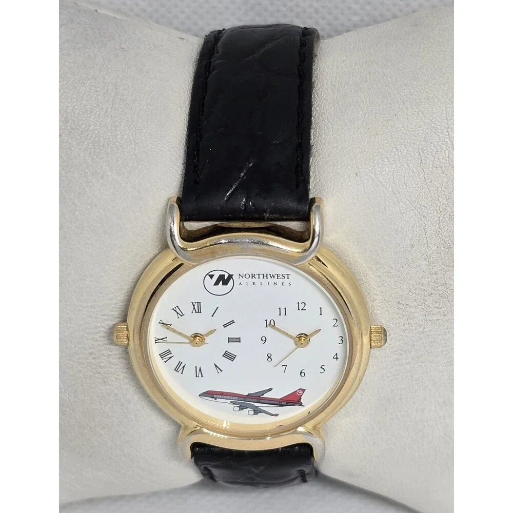 Unisex Northwest Airlines Dual Time Zone Gold Tone Black Leather Strap Watch 13